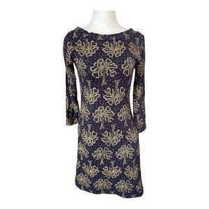 Effie’s Heart Renee Tunic Dress Medium Navy Blue Botanical Print Long Sleeve NWT